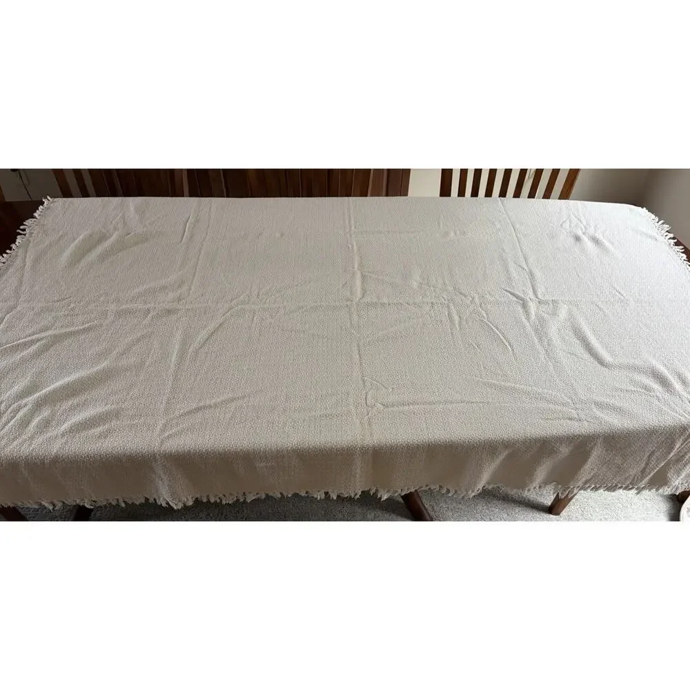 Oversized Cream Throw Blanket Textured Woven Cotton Fringe Edges 76x52 Vintage
